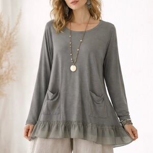 LOGO Lori Goldstein Gray Ruffled Lagenlook A Line Tunic Top